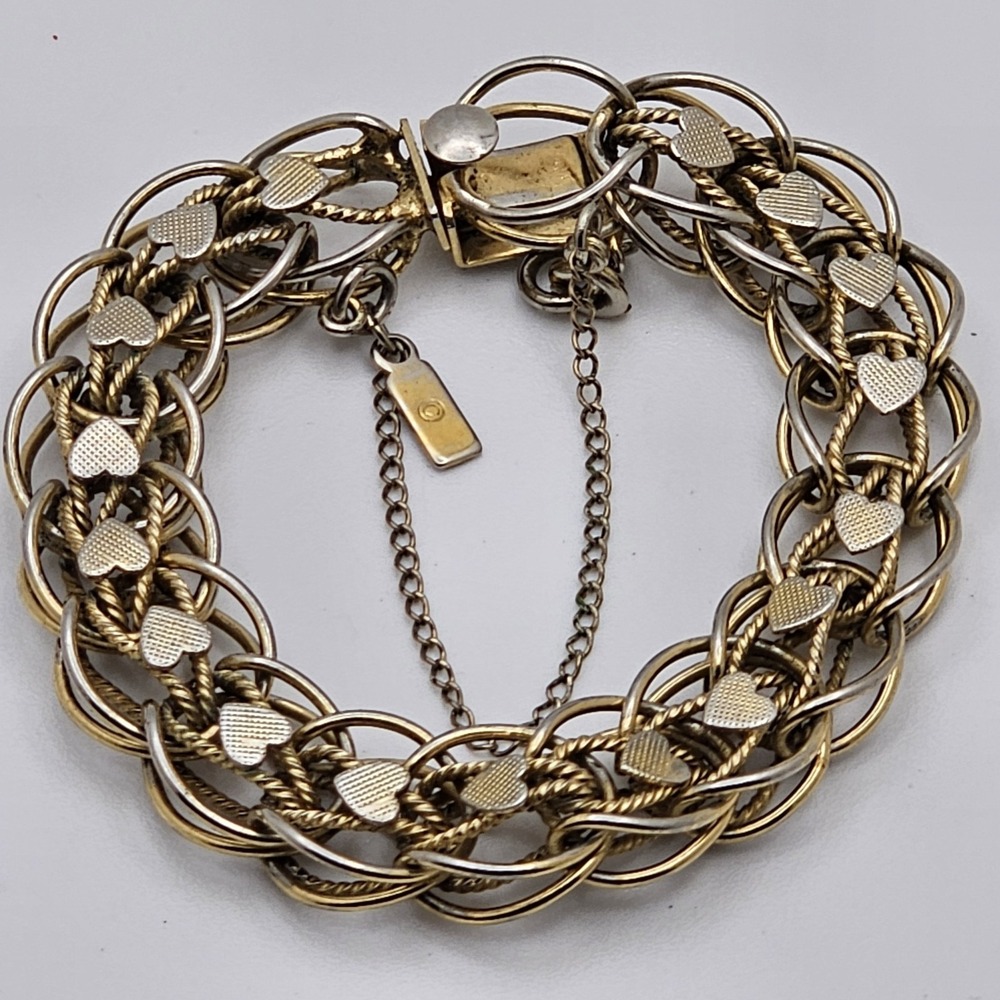 Vintage Signed Monet Goldtone Charm Bracelet Hearts Safety Chain